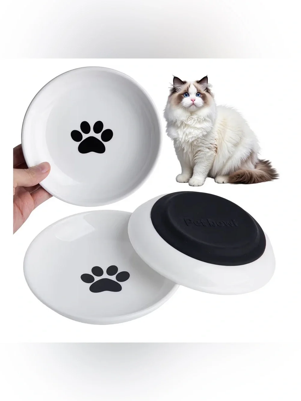 4 pack White Ceramic Cat Bowl with Black Paw Print - Non-Slip Pet Dish